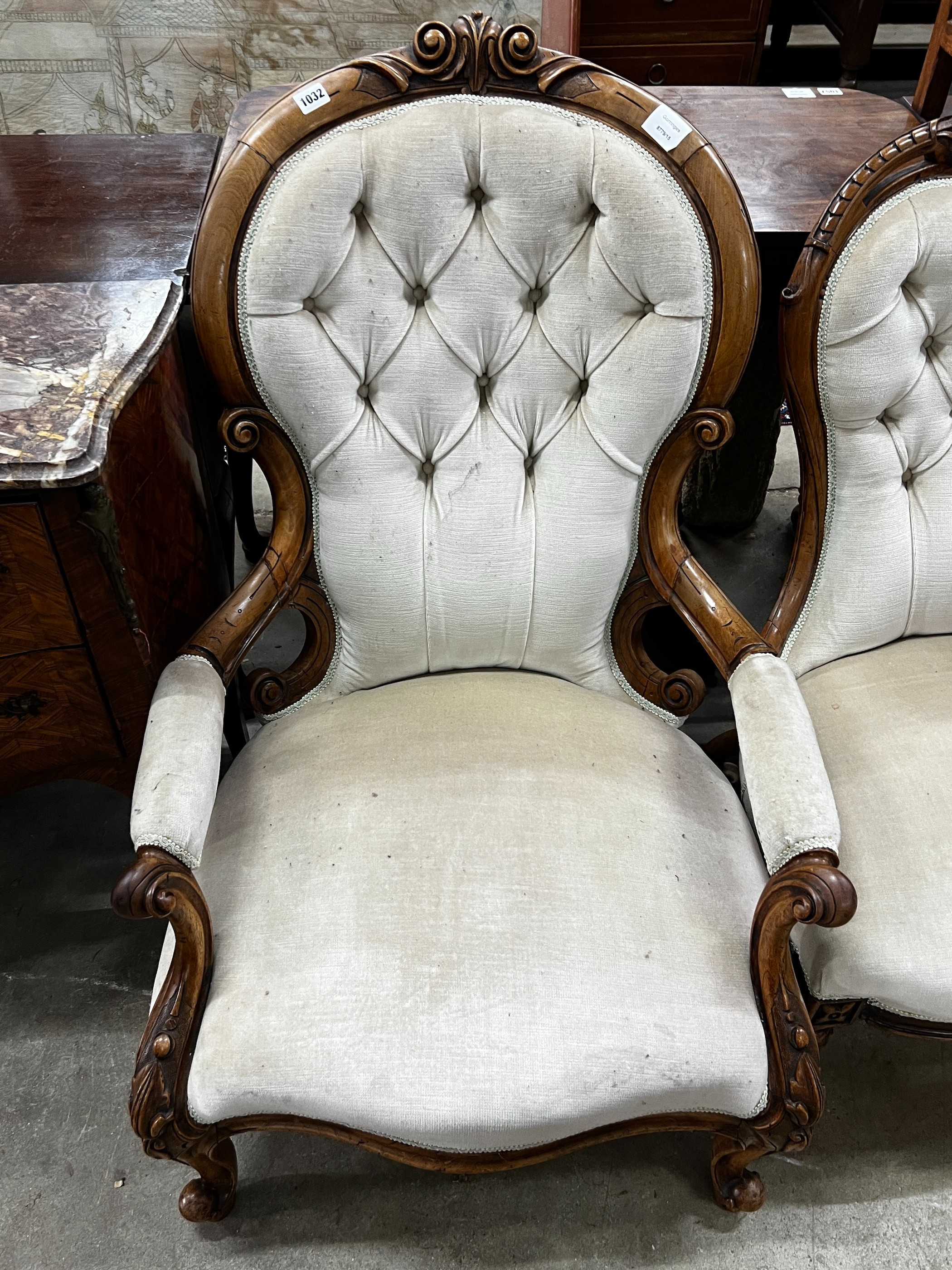 A Victorian walnut spoonback open armchair, width 66cm, height 98cm together with a similar smaller nursing chair